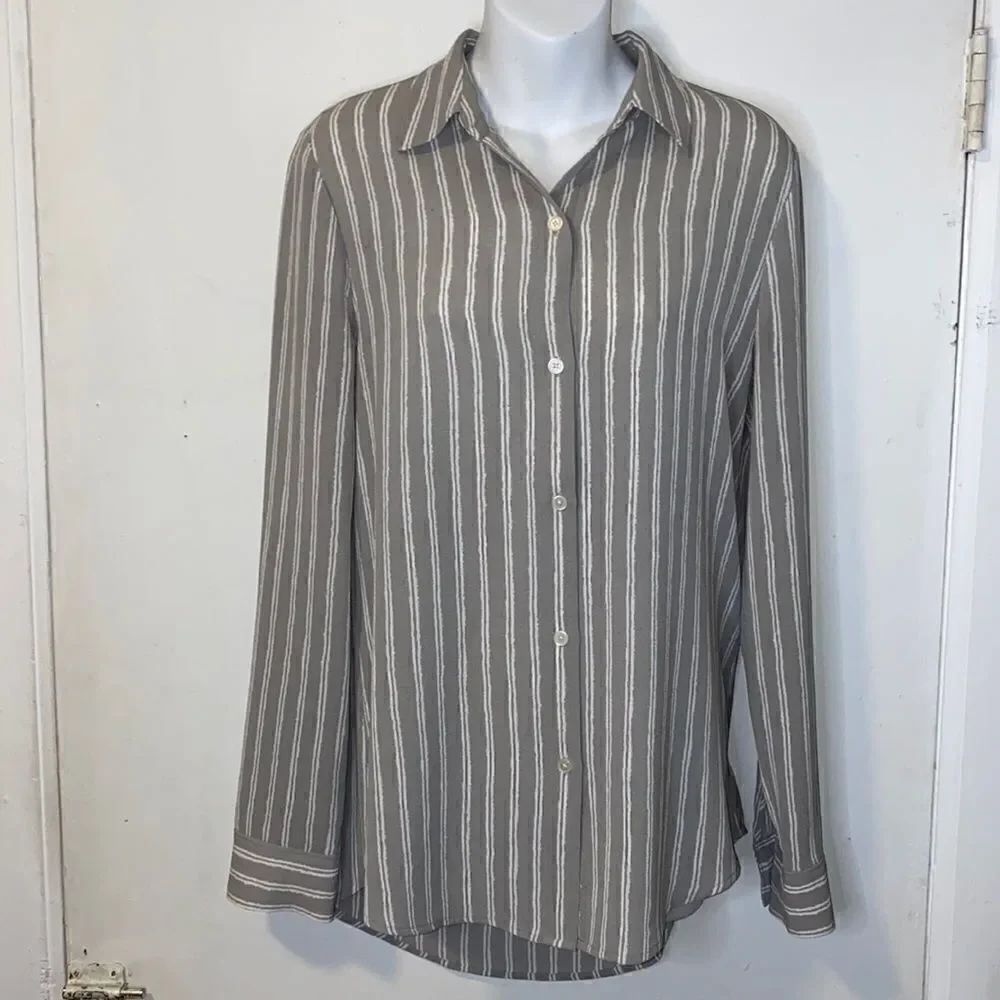 H by Halston Grey and White Stripe Gauze Blouse-S